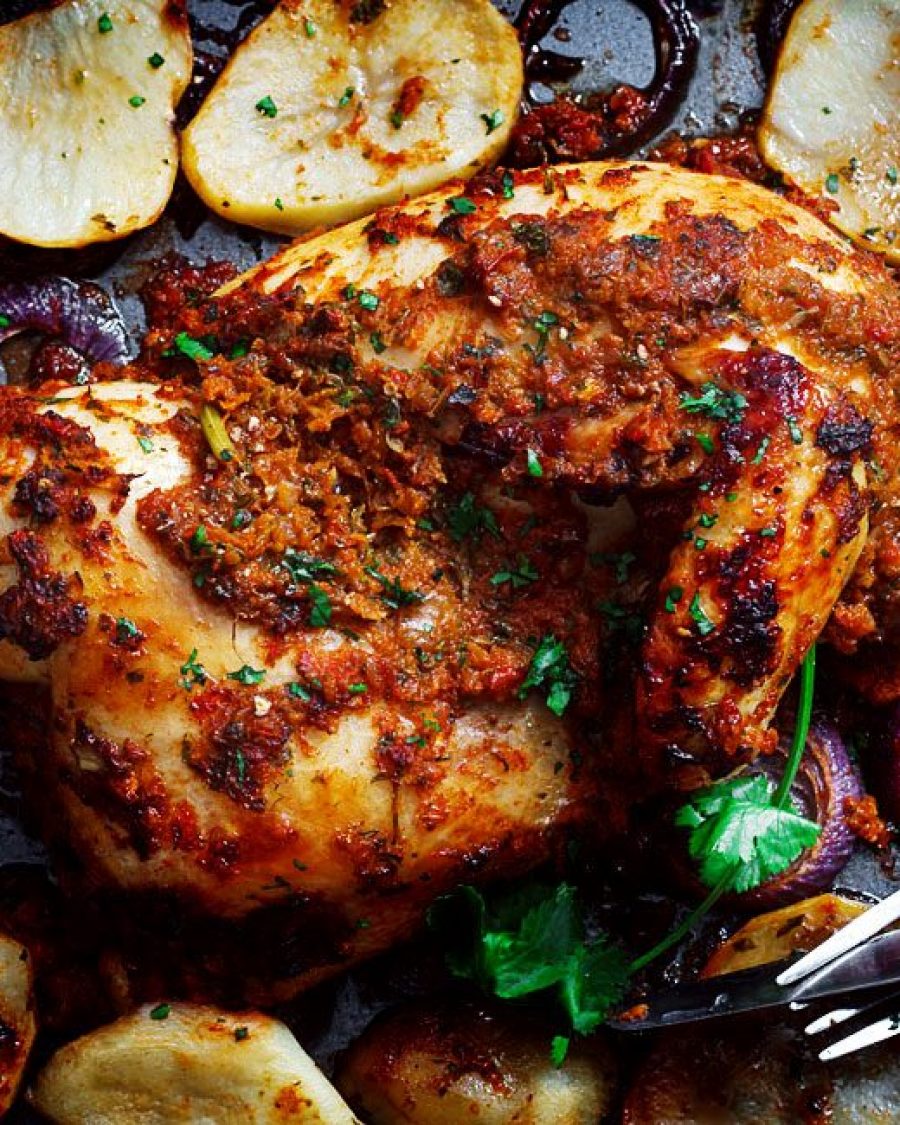Sheet Pan Chicken and Potatoes - #recipe by #eatwell101 - https://www.eatwell101.com/simple-oven-roasted-chicken-recipe