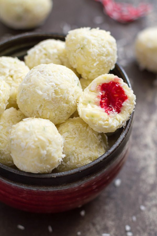 homemade white chocolate truffles with raspberry