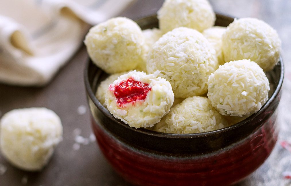 Raspberry White Chocolate Coconut Bites