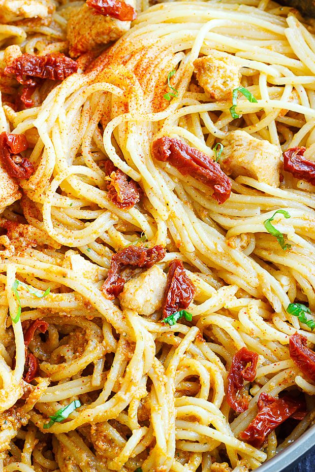 Chicken, spaghetti, sun dried tomatoes, parmesan and basil combine to create an easy meal loaded with flavor. eatwell101.com