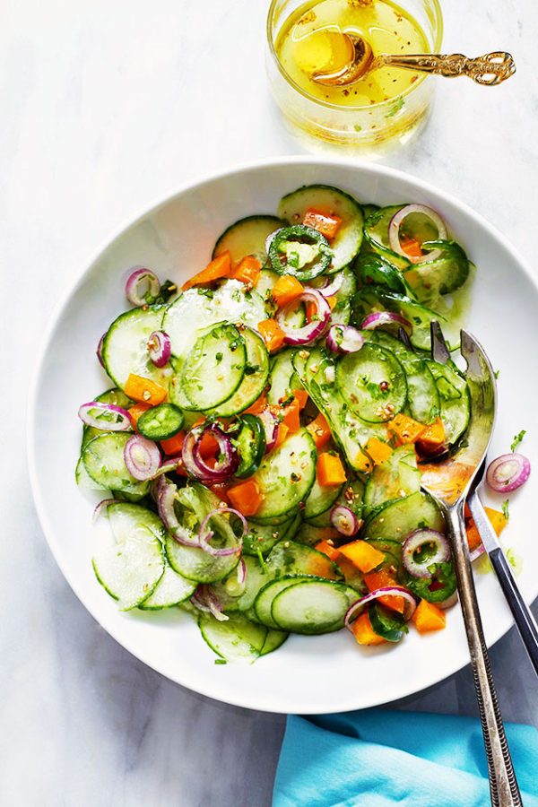 Spicy Cucumber Salad with Lime Garlic Vinaigrette - #recipe by #eatwell101 - https://www.eatwell101.com/fresh-cucumber-salad-recipe