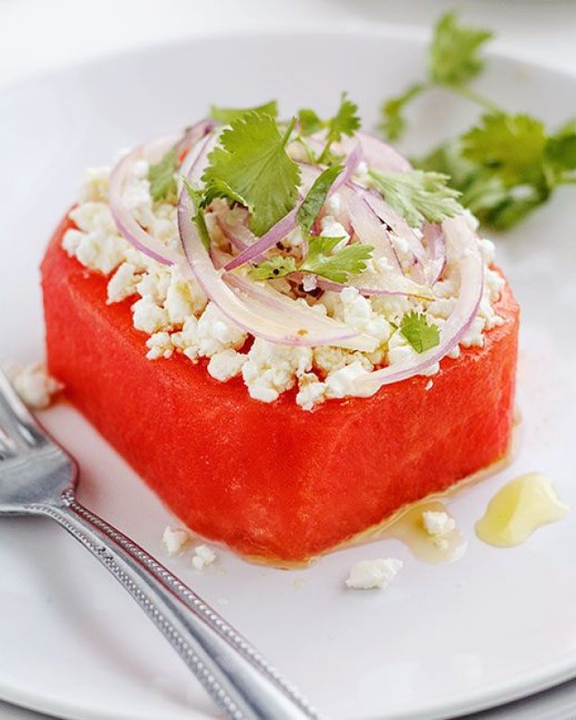 Watermelon Salad with Feta and Fresh Lime dressing - #recipe by #eatwell101 - https://www.eatwell101.com/watermelon-salad-recipe