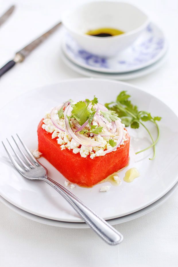 Watermelon Salad with Feta and Fresh Lime dressing - #recipe by #eatwell101 - https://www.eatwell101.com/watermelon-salad-recipe
