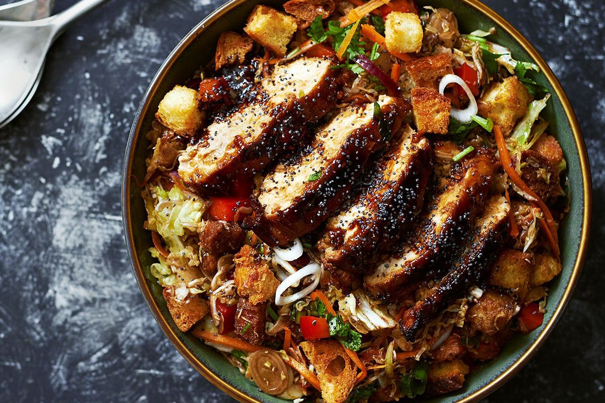 Grilled Chicken Salad with Cabbage and Raspberry Balsamic Dressing