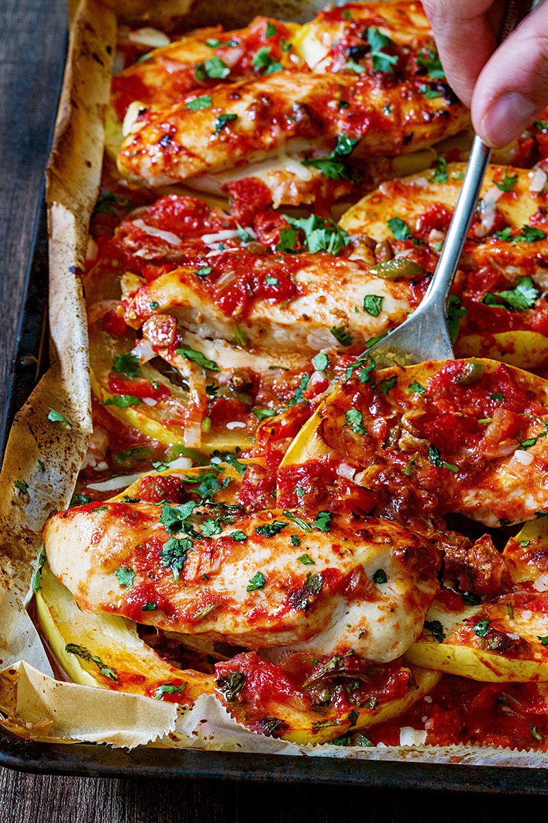 Sheet-Pan Salsa Chicken with Spaghetti Squash — Eatwell101