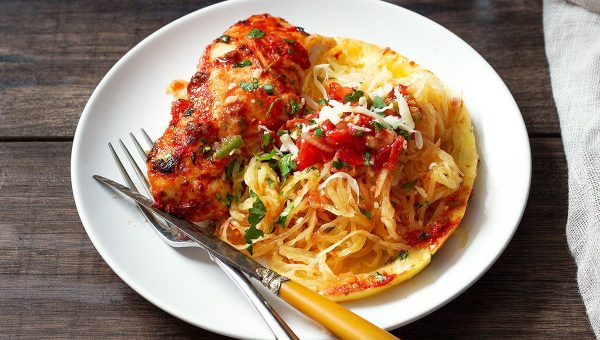 Sheet-Pan Salsa Chicken with Spaghetti Squash - #recipe by #eatwell101 - https://www.eatwell101.com/baked-chicken-breasts-recipe-spaghetti-squash