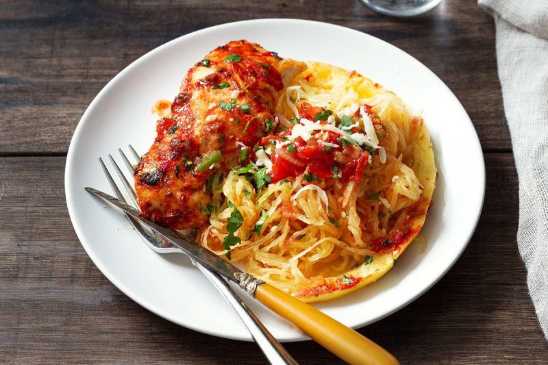 Sheet-Pan Salsa Chicken with Spaghetti Squash - #recipe by #eatwell101 - https://www.eatwell101.com/baked-chicken-breasts-recipe-spaghetti-squash