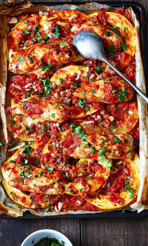 Sheet-Pan Salsa Chicken with Spaghetti Squash