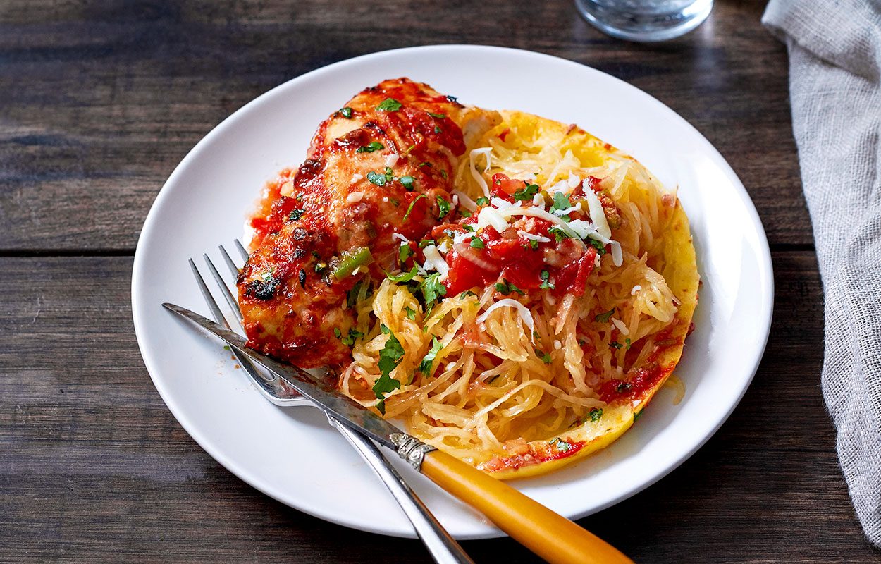 Sheet-Pan Salsa Chicken with Spaghetti Squash