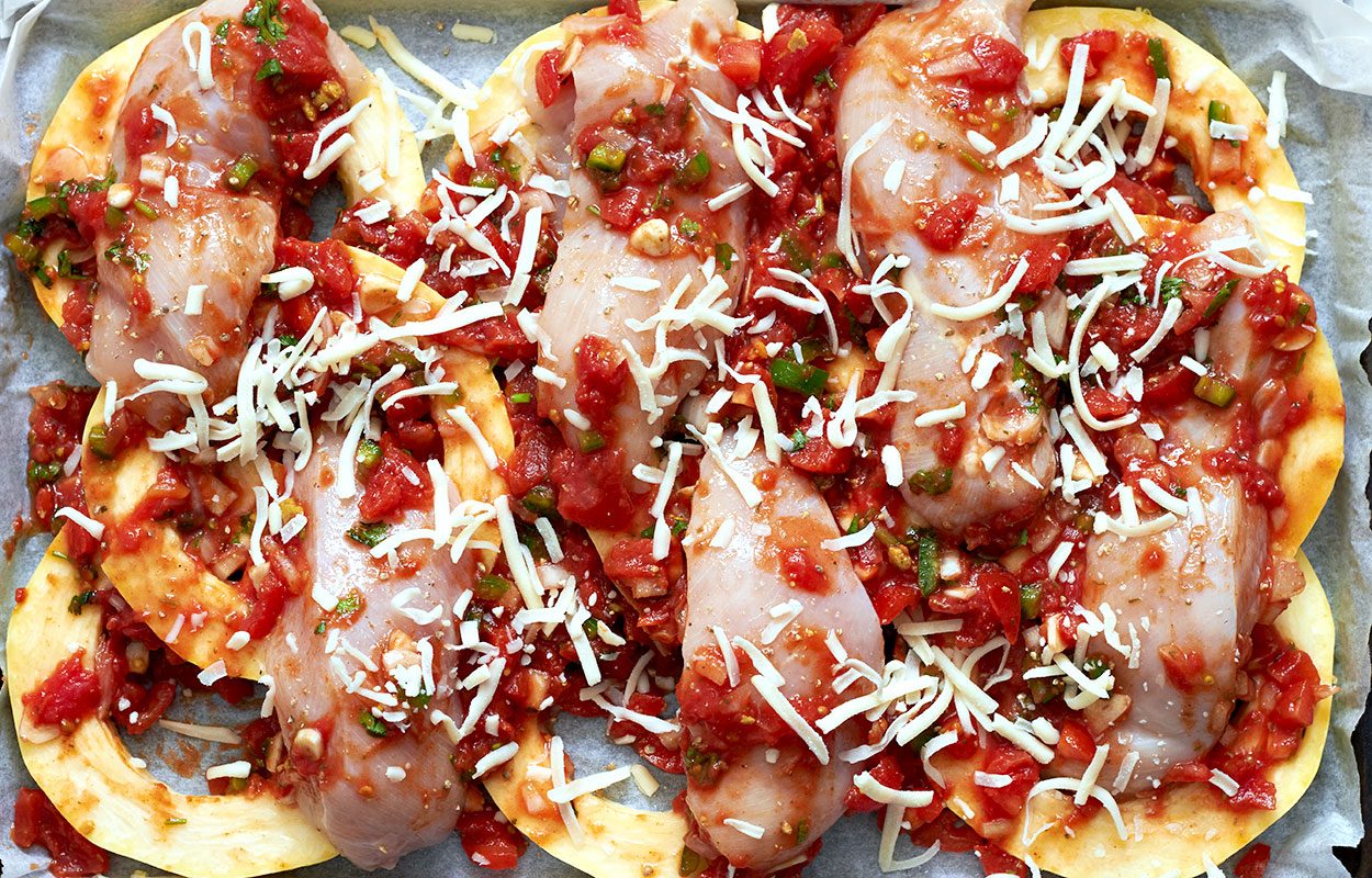 Sheet-Pan Salsa Chicken with Spaghetti Squash – Make the most flavorful, tender and juicy chicken breasts in the oven!