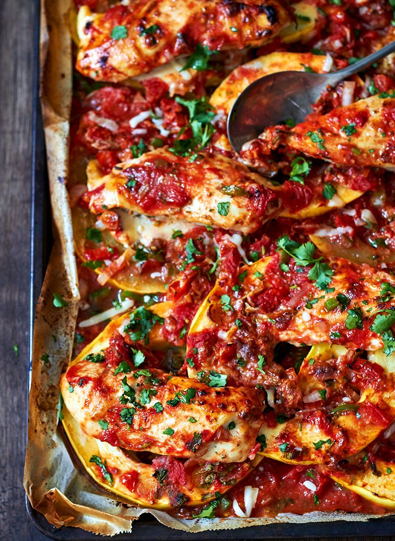 Sheet-Pan Salsa Chicken with Spaghetti Squash – Make the most flavorful, tender and juicy chicken breasts in the oven!