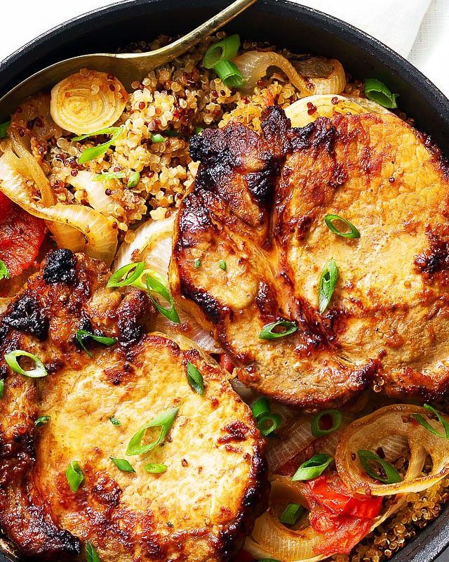 One Pan Pork Chops with Quinoa - #recipe by #eatwell101 - https://www.eatwell101.com/one-pan-baked-quinoa-pork-chops-recipe
