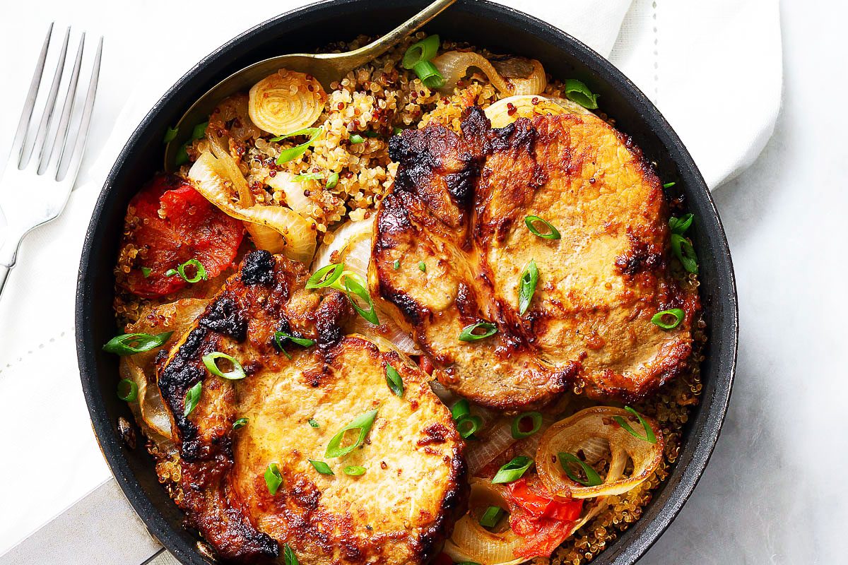 One Pan Baked Pork Chops With Quinoa Recipe Baked Pork Chops Recipe Eatwell101