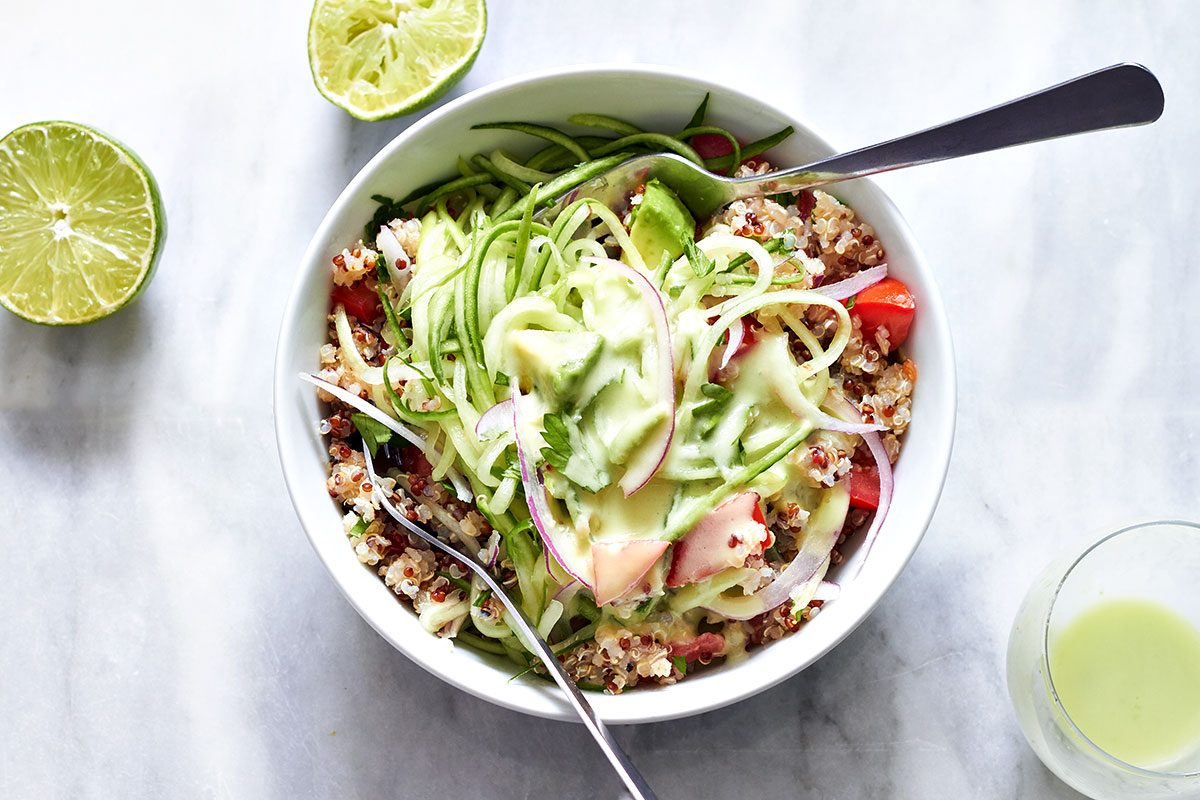 Quinoa and Cucumber Noodles Salad With Avocado Dressing