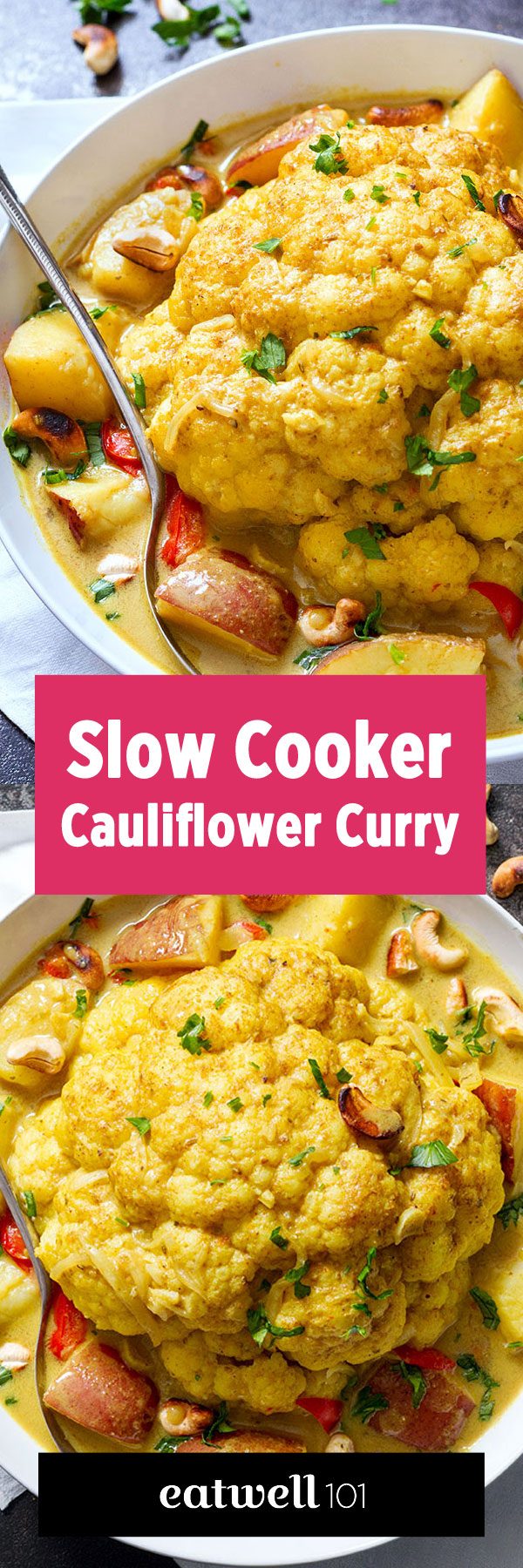 Slow Cooker Cauliflower Recipe - #cauliflower #recipe #slowcooker #eatwell101  - A soupy, slow-cooked whole cauliflower curry is taken up a notch with the addition of sweet red peppers and chopped potatoes. 