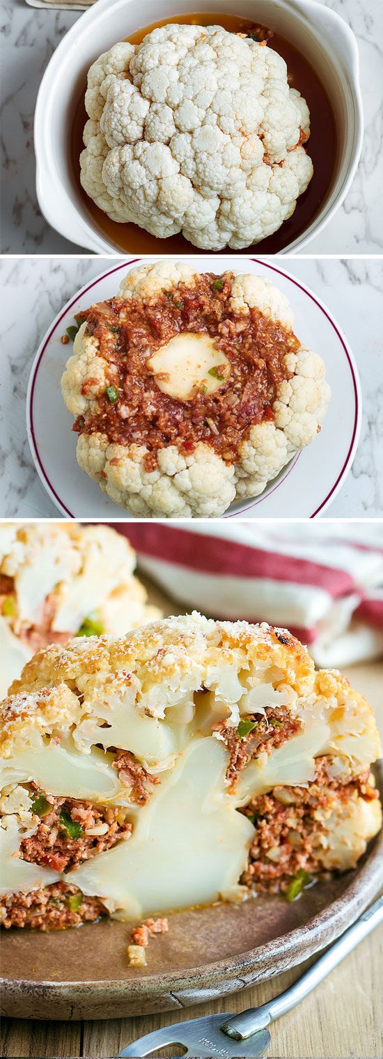 Roasted Cauliflower - This stuffed whole cauliflower makes for an incredible low-carb dinner any night of the week.