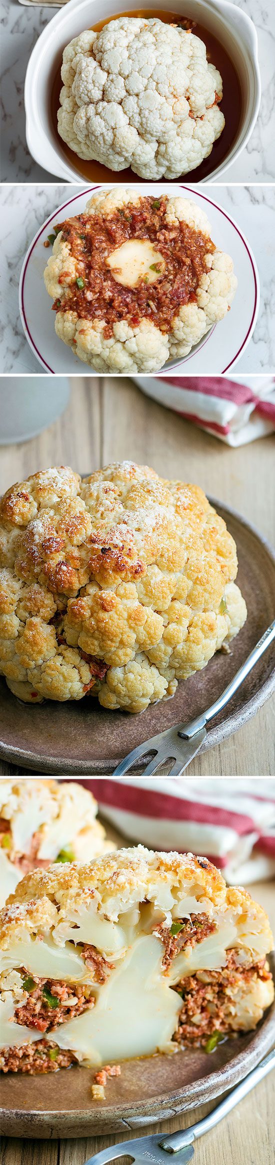 Roasted Cauliflower - This stuffed whole cauliflower makes for an incredible low-carb dinner any night of the week.