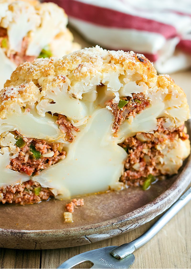 Stuffed Whole Cauliflower with Ground Beef and Cheese - #recipe by #eatwell101 - https://www.eatwell101.com/baked-cheese-beef-stuffed-cauliflower