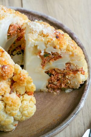 Roasted Stuffed Whole Cauliflower with Ground Beef and Cheese