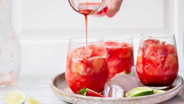 Watermelon Slush with Simple Strawberry Syrup - #recipe by #eatwell101 - https://www.eatwell101.com/strawberry-watermelon-slush-recipe
