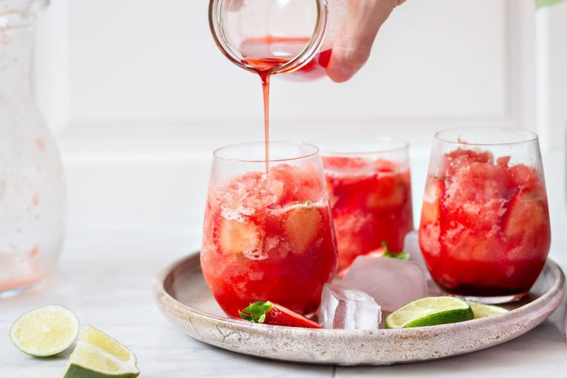 Watermelon Slush with Simple Strawberry Syrup - #recipe by #eatwell101 - https://www.eatwell101.com/strawberry-watermelon-slush-recipe