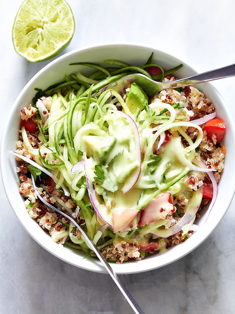 Quinoa and Cucumber Noodles Salad With Avocado Dressing