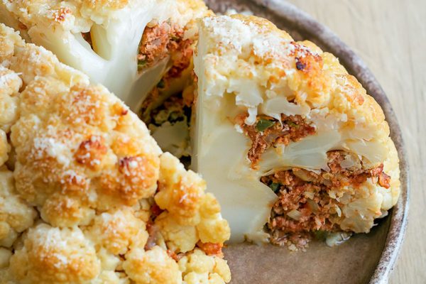 Roasted Stuffed Whole Cauliflower with Ground Beef and Cheese