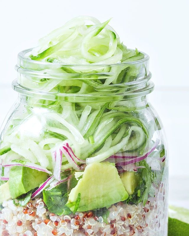 Quinoa Cucumber Mason Jar Salad - #recipe by #eatwell101 - https://www.eatwell101.com/quinoa-cucumber-mason-jar-salad-recipe