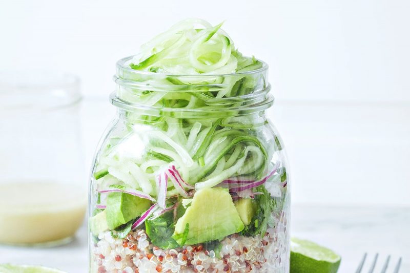 Quinoa Cucumber Mason Jar Salad - #recipe by #eatwell101 - https://www.eatwell101.com/quinoa-cucumber-mason-jar-salad-recipe