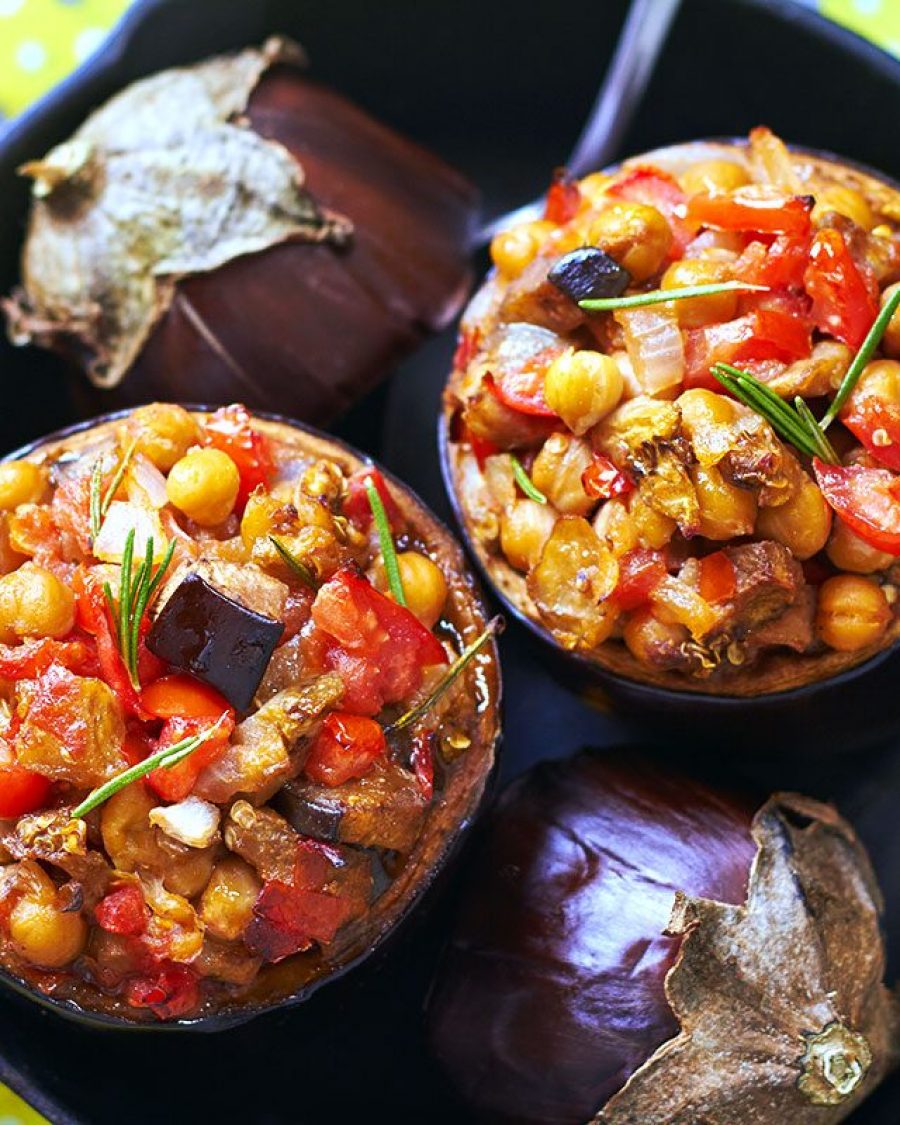Baked Chickpea Tomato Eggplant Cups - #recipe by #eatwell101 - https://www.eatwell101.com/baked-stuffed-eggplants-recipe