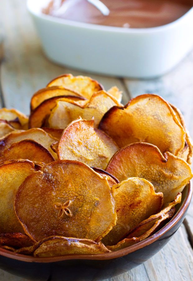 Slow Roasted Pear Chips with Chocolate Sauce