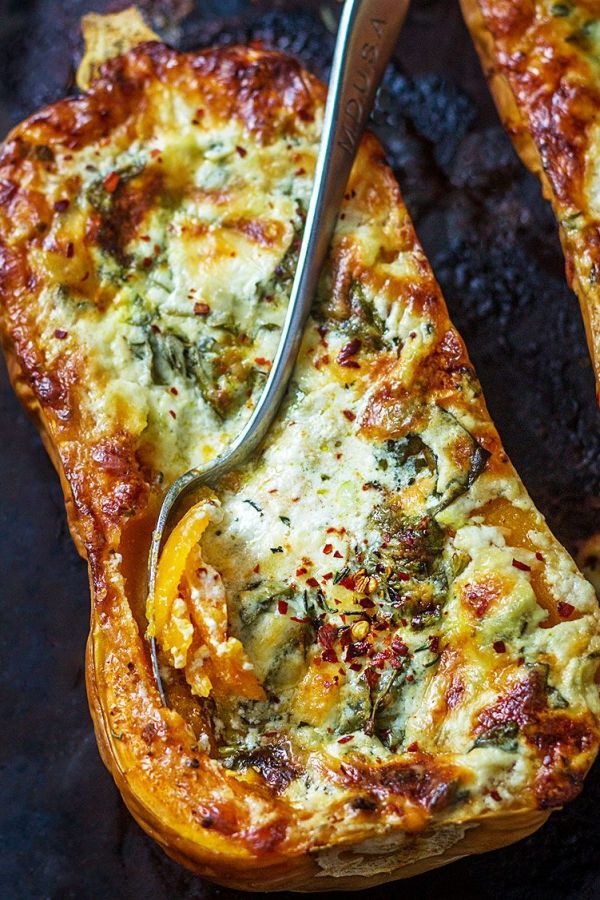 Creamy Four Cheese Spinach Butternut Squash - #recipe by #eatwell101 - https://www.eatwell101.com/baked-creamy-spinach-butternut-squash-recipe