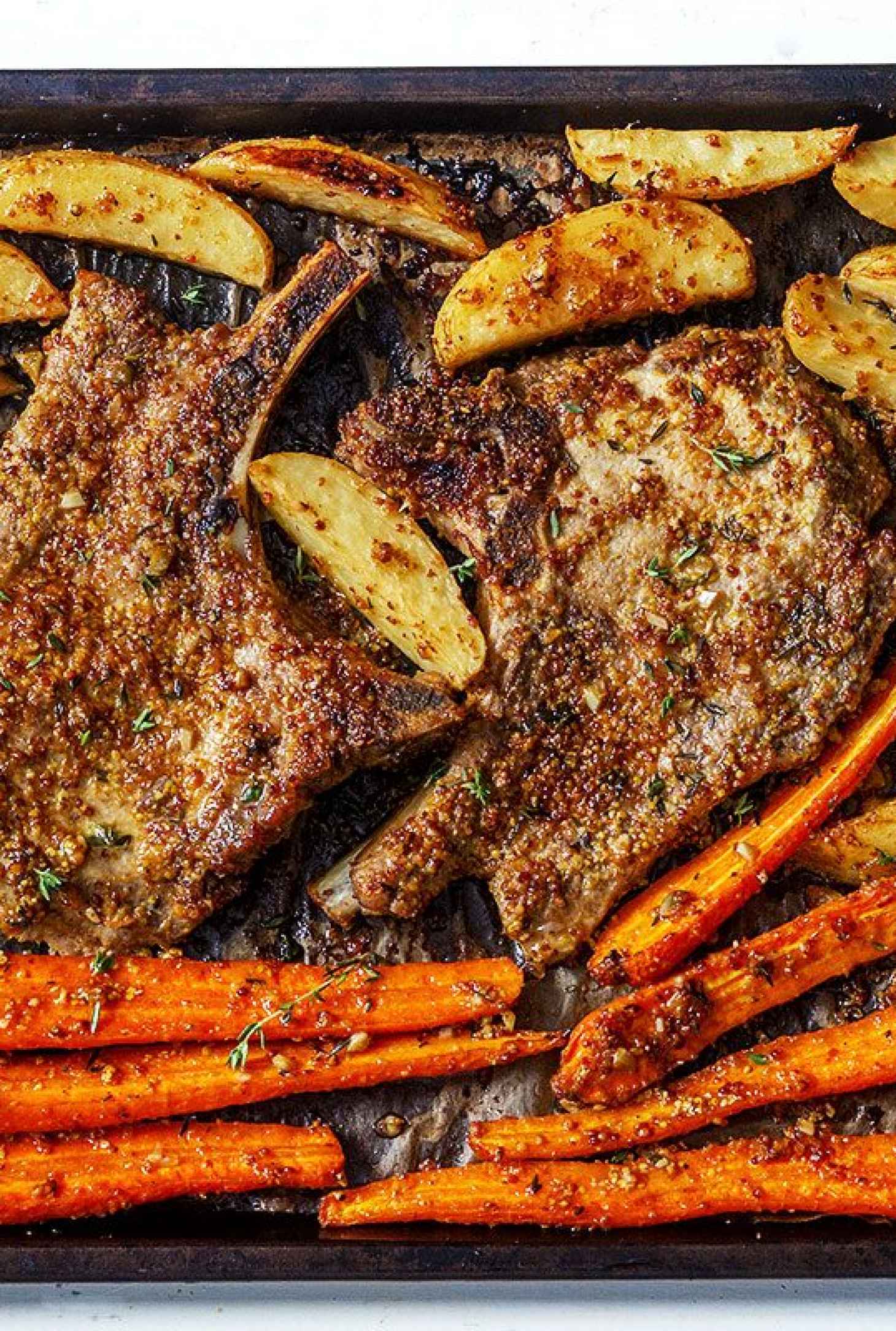 Sheet Pan Pork Chops with Carrots and Maple Dijon Potatoes - #recipe by #eatwell101 - https://www.eatwell101.com/maple-dijon-baked-pork-chops-recipe