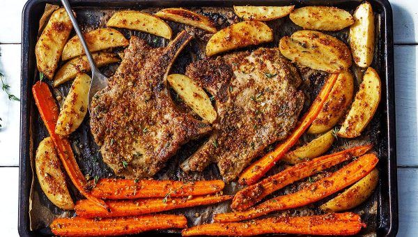 Sheet Pan Pork Chops with Carrots and Maple Dijon Potatoes - #recipe by #eatwell101 - https://www.eatwell101.com/maple-dijon-baked-pork-chops-recipe