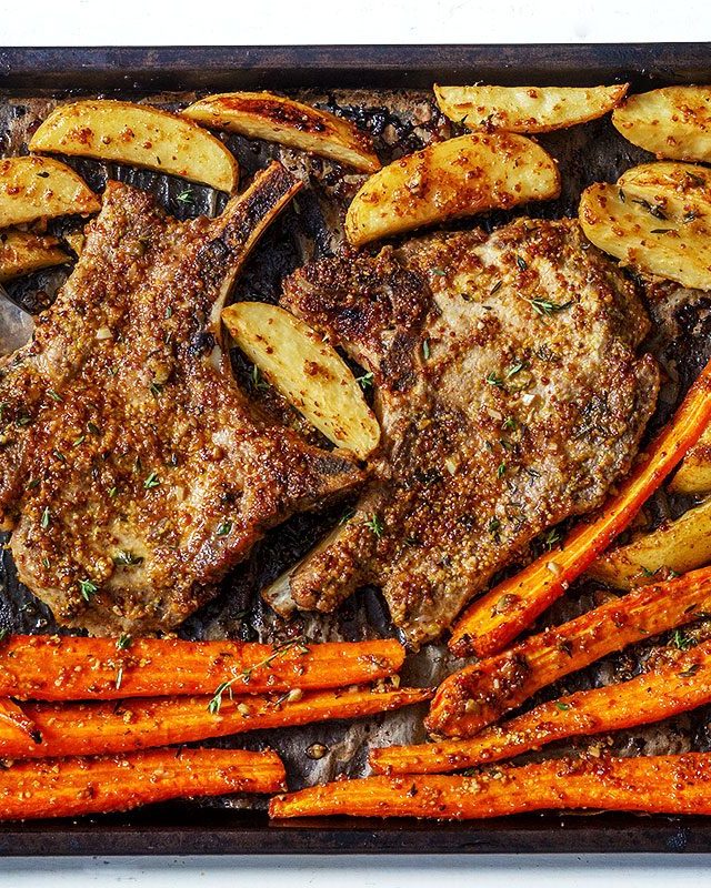 Sheet Pan Pork Chops with Carrots and Maple Dijon Potatoes - #recipe by #eatwell101 - https://www.eatwell101.com/maple-dijon-baked-pork-chops-recipe