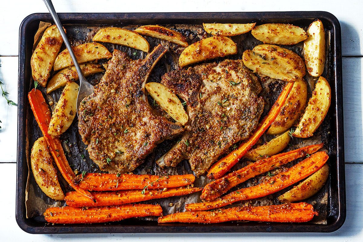 Sheet Pan Pork Chops with Carrots and Maple Dijon Potatoes