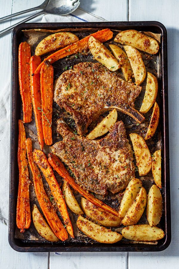 Sheet Pan Pork Chops with Carrots and Maple Dijon Potatoes - #recipe by #eatwell101 - https://www.eatwell101.com/maple-dijon-baked-pork-chops-recipe