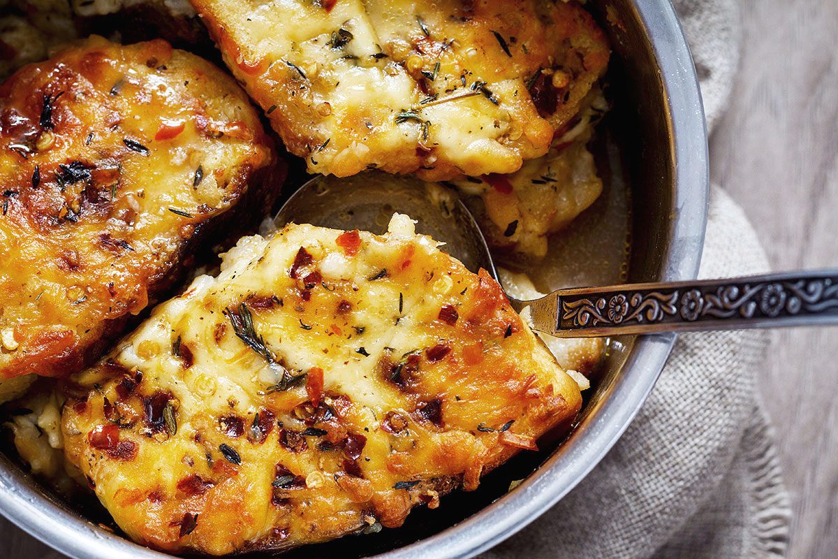 Baked Four-Cheese Garlic Bread Soup