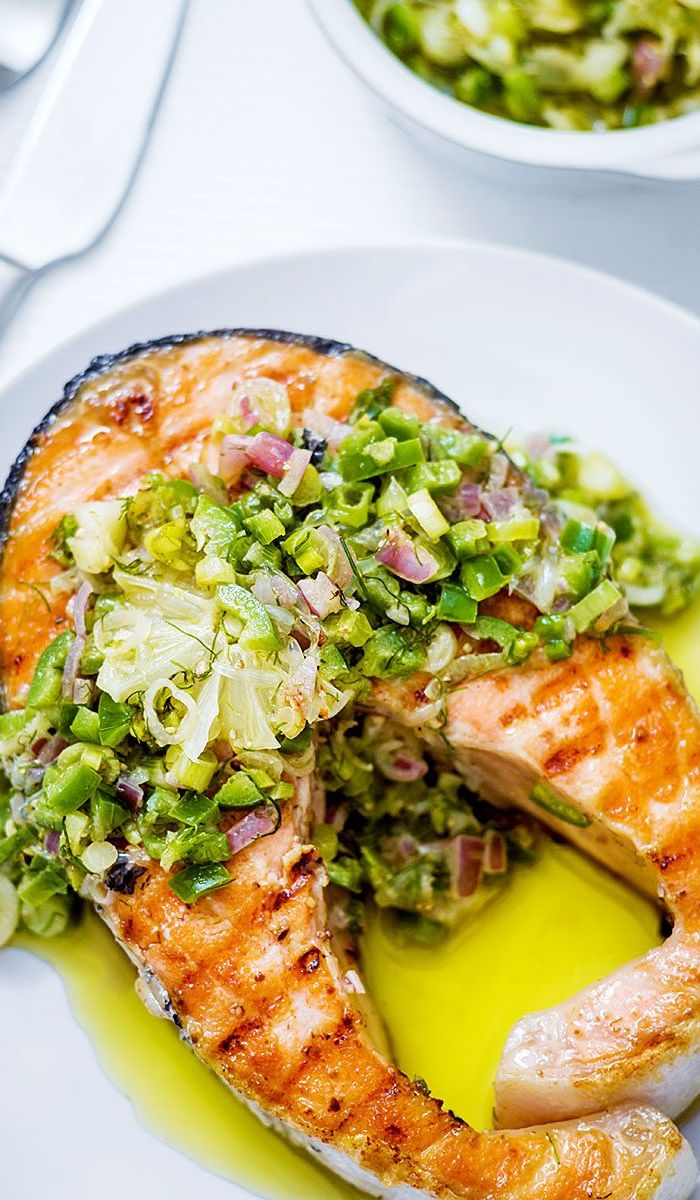 Grilled Salmon Steaks with Citrusy Jalapeño Salsa