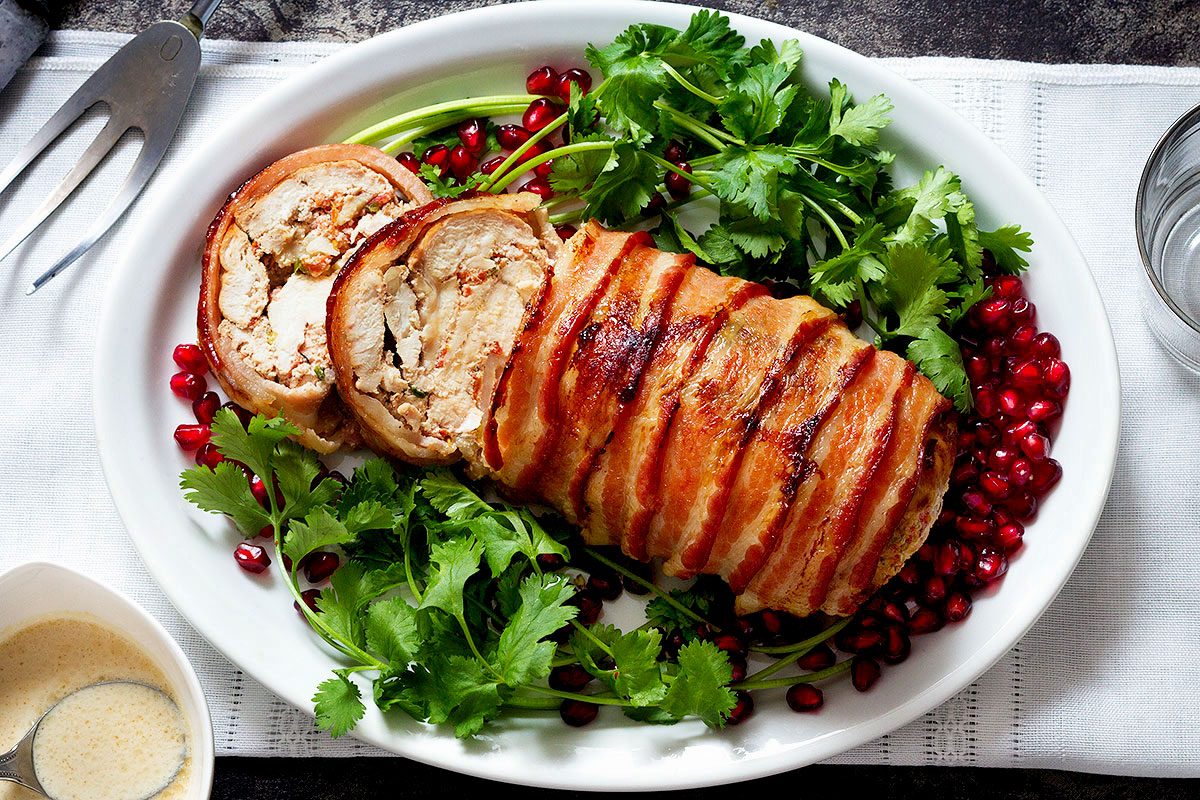Roasted Bacon Chicken Stuffed with Dried Tomatoes and Cheese