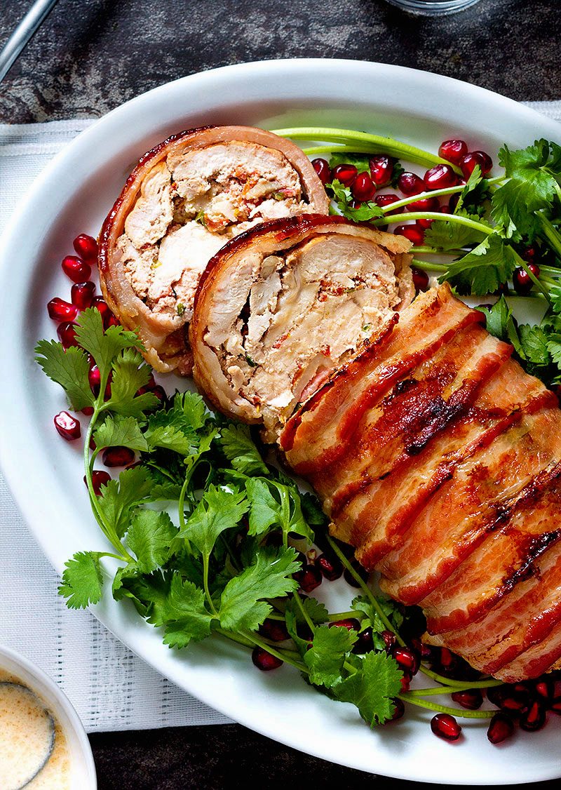Roasted Bacon Chicken Breasts Stuffed with Dried Tomatoes and Cheese