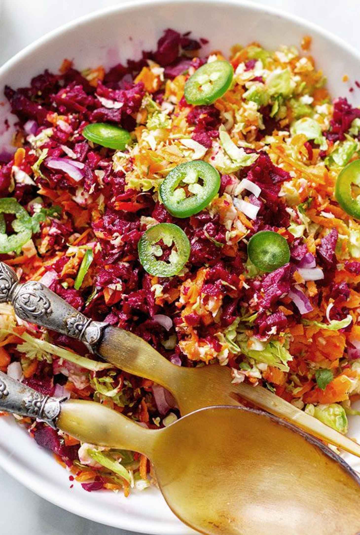 Shaved Brussels Sprout Salad with Beet and Carrots - #recipe by #eatwell101 - https://www.eatwell101.com/chopped-brussels-sprout-salad-recipe