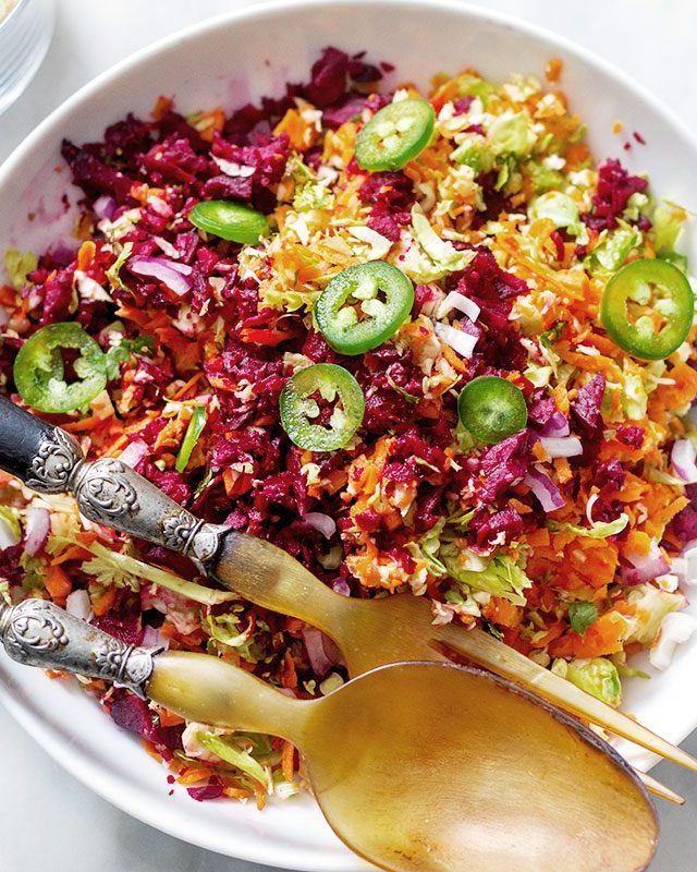 Shaved Brussels Sprout Salad with Beet and Carrots - #recipe by #eatwell101 - https://www.eatwell101.com/chopped-brussels-sprout-salad-recipe