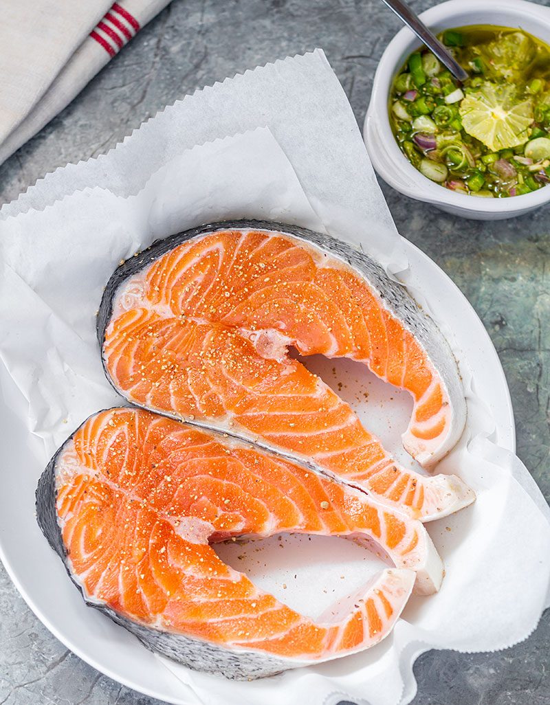 lFor a quick and delicious heart-healthy meal on weekday evenings, give these grilled salmon steaks a try