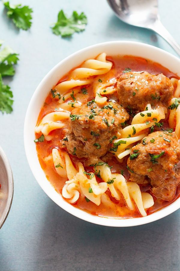{Slow Cooker} Chicken Meatballs and Pasta Soup - #recipe by #eatwell101 - https://www.eatwell101.com/slow-cooker-chicken-soup-recipe