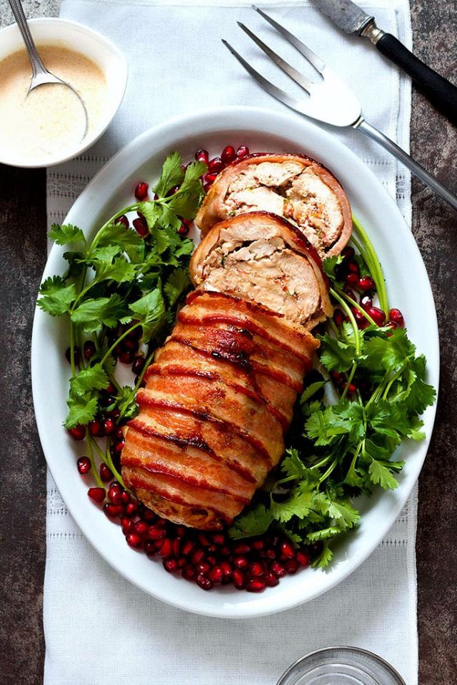 Roasted Bacon Chicken Stuffed with Dried Tomatoes and Cheese