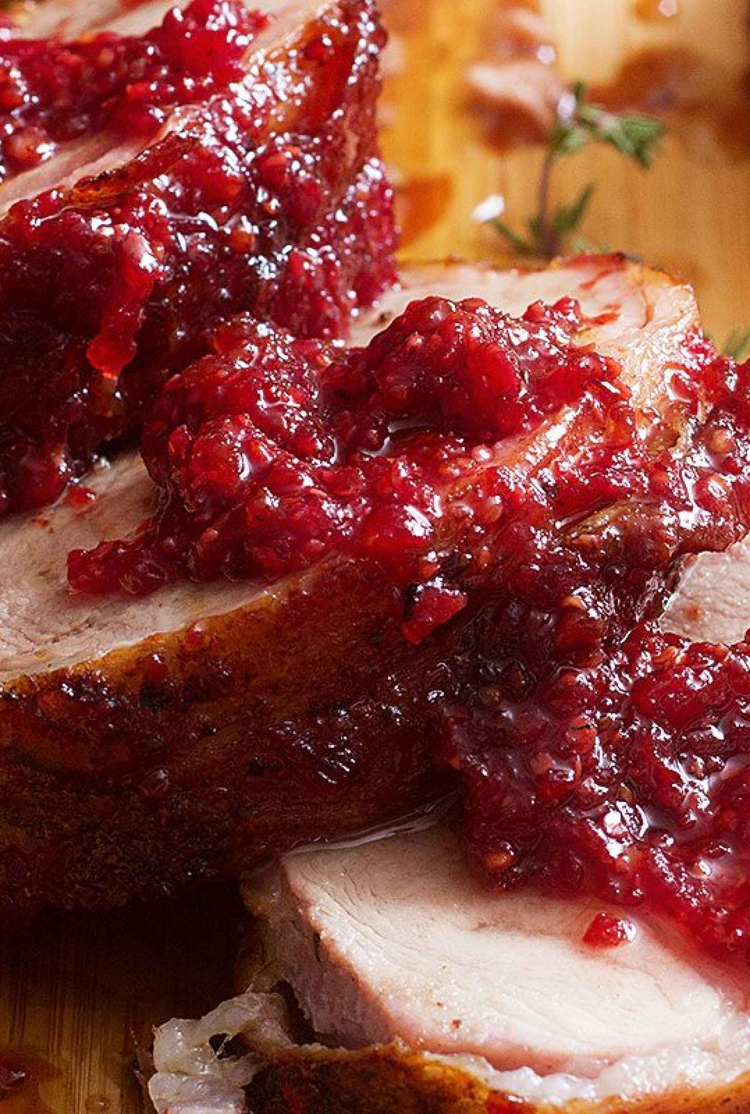 Roasted Bacon Pork Tenderloin with Cranberry Glaze - #recipe by #eatwell101 - https://www.eatwell101.com/bacon-honey-pork-tenderloin-mustard-cranberry-glaze-recipe