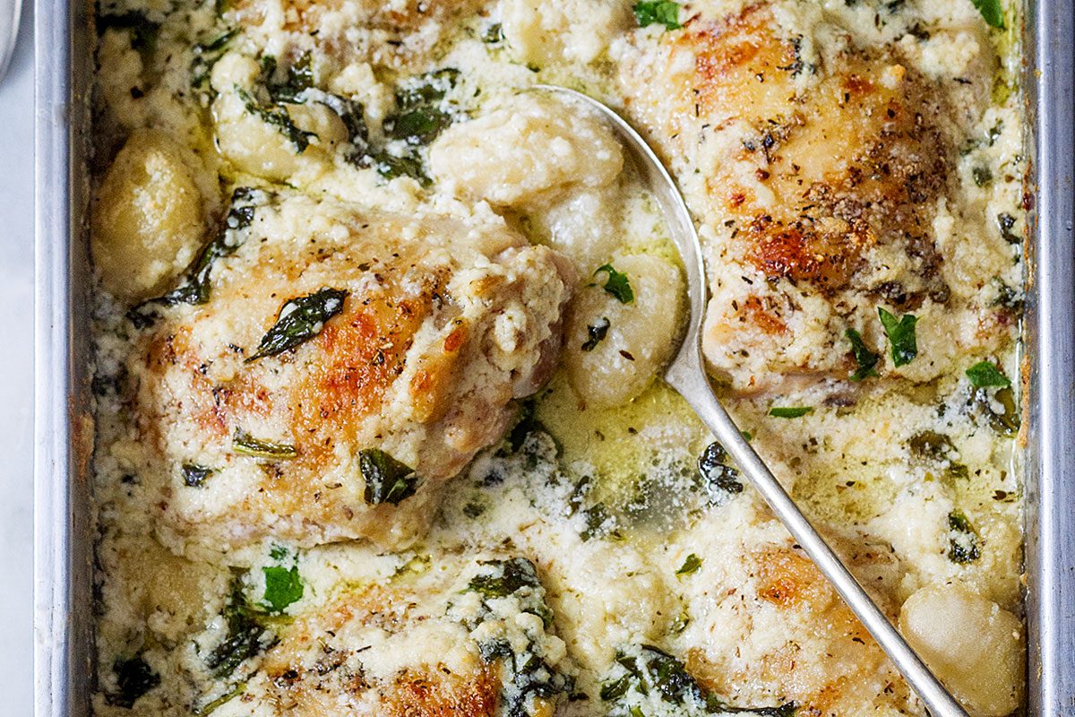 Baked Chicken Gnocchi with Garlic Asiago Cream Sauce