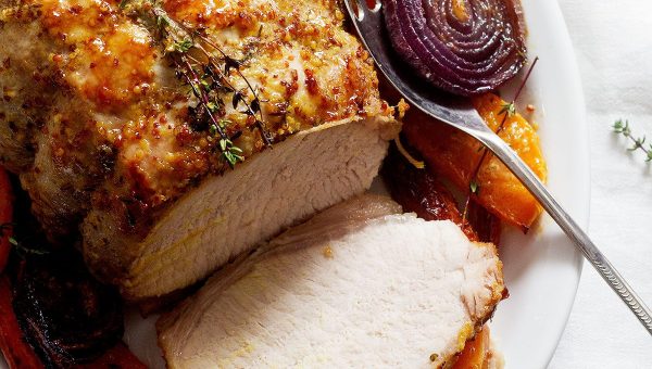 Honey Mustard Roasted Pork Loin and Veggie Sheet Pan Dinner - #recipe by #eatwell101 - https://www.eatwell101.com/sheet-pan-honey-mustard-pork-loin-recipe