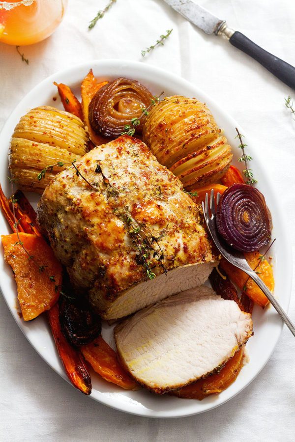 Honey Mustard Roasted Pork Loin Sheet Pan Dinner - #recipe by #eatwell101 - https://www.eatwell101.com/sheet-pan-honey-mustard-pork-loin-recipe